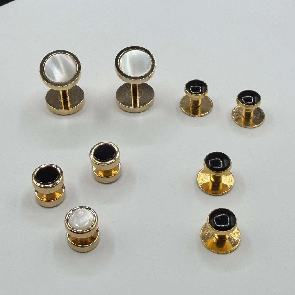 Gold Tone Tuxedo Stud Cufflink Set Black Mother of Pearl Formal Dress Shirt
